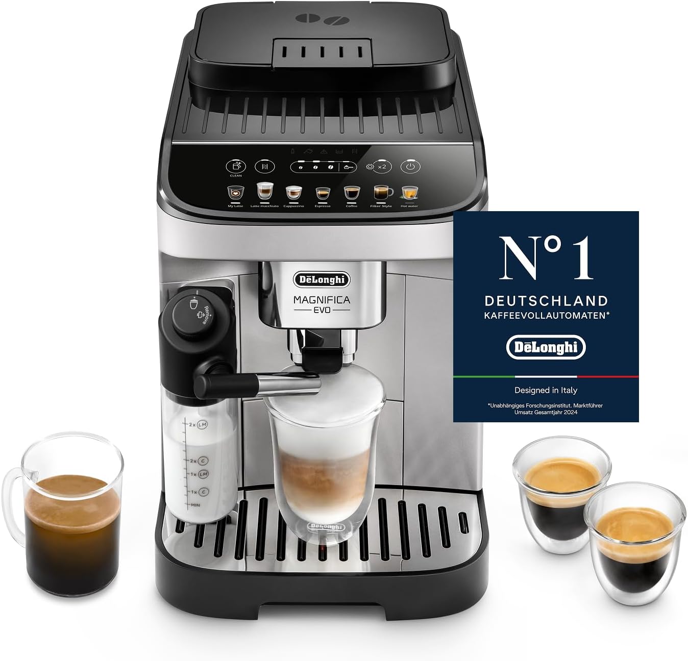 Magnifica Evo (ECAM292.81.SB)- Kaffeevollautomat mit Vollautomatischem cremigen Milchschaum, 7 One-Touch-Getränke, Cappuccino & Espresso, Kaffeemaschine, Soft-Touch-Bedienfeld, Silber