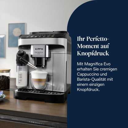 Magnifica Evo (ECAM292.81.SB)- Kaffeevollautomat mit Vollautomatischem cremigen Milchschaum, 7 One-Touch-Getränke, Cappuccino & Espresso, Kaffeemaschine, Soft-Touch-Bedienfeld, Silber