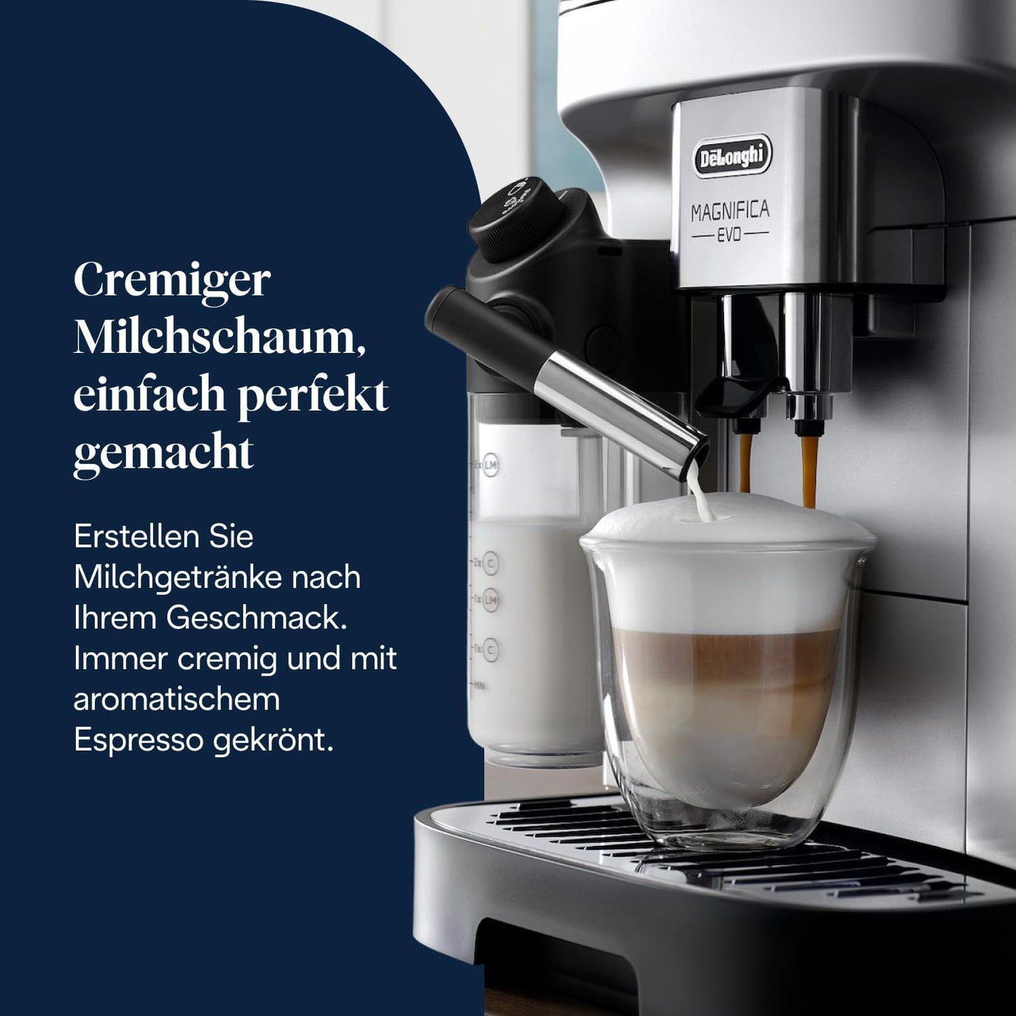 Magnifica Evo (ECAM292.81.SB)- Kaffeevollautomat mit Vollautomatischem cremigen Milchschaum, 7 One-Touch-Getränke, Cappuccino & Espresso, Kaffeemaschine, Soft-Touch-Bedienfeld, Silber