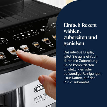 Magnifica Evo (ECAM292.81.SB)- Kaffeevollautomat mit Vollautomatischem cremigen Milchschaum, 7 One-Touch-Getränke, Cappuccino & Espresso, Kaffeemaschine, Soft-Touch-Bedienfeld, Silber